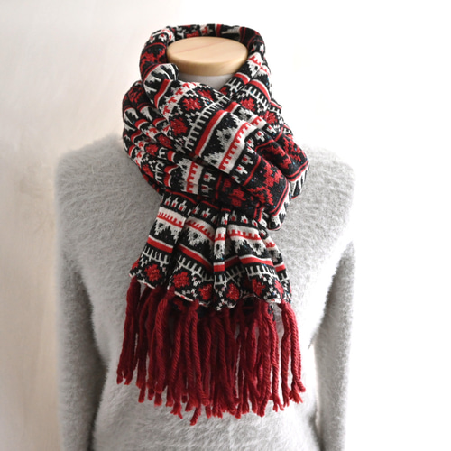 秋色 ノルディック柄 ジャズネップニット＊マフラー《ダークレッド