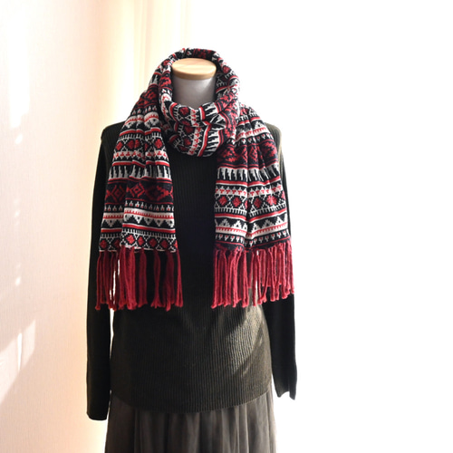 秋色 ノルディック柄 ジャズネップニット＊マフラー《ダークレッド