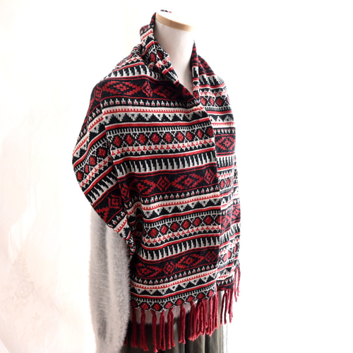 秋色 ノルディック柄 ジャズネップニット＊マフラー《ダークレッド