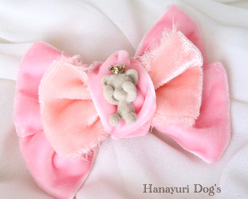 王冠くまさん ベルベット ピンク 秋冬 犬リボン キッズ・子供リボン 猫