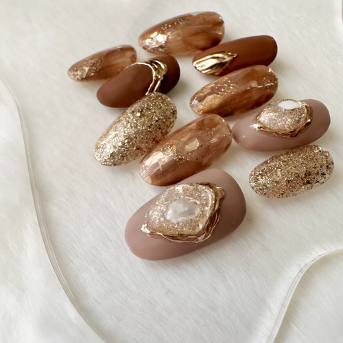 ネイルチップ ニュアンス ブラウン ラメ ミラー ネイルチップ（つけ爪