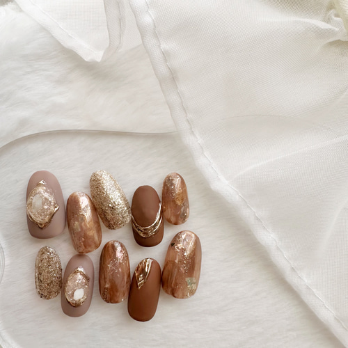 #010 ブラウンミラーネイル　ネイルチップ ネイルチップ ニュアンス ブラウン ラメ ミラー ネイルチップ（つけ爪