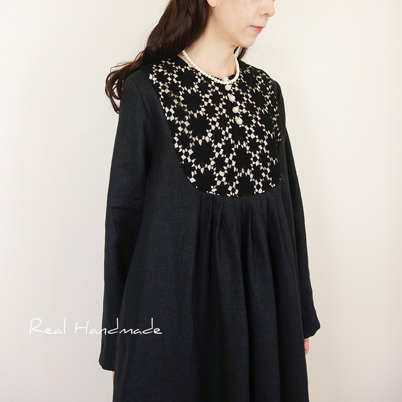 [予約販売] ヨーロッパブラックリネンケミカルレース丸ヨークマキシワンピース*卒園　卒業　入学式　冠婚葬祭　結婚式