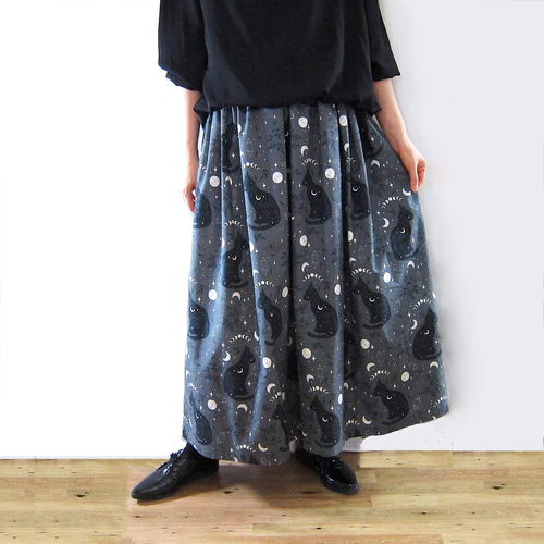 月と星座 魔法猫のロングスカート オリジナル生地 《SpicaBijoux