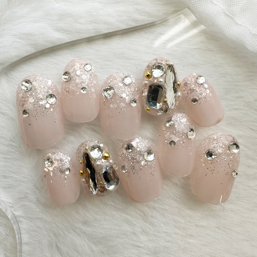 ネイルチップ ピンク ラメグラ ストーン 埋めつくし ワンホン シルバー