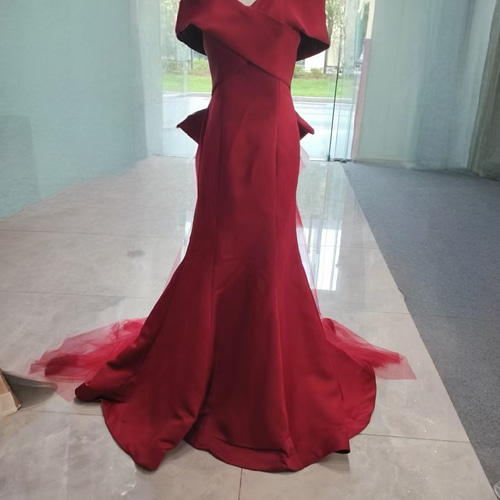 高級ハイグロスサテン オフショル マーメイドライン カラードレス  