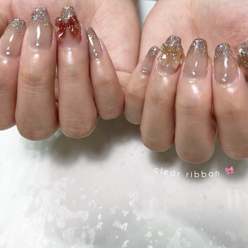 ネイルチップ＊ガーリー ピンク ホワイト リボン ハート ドット