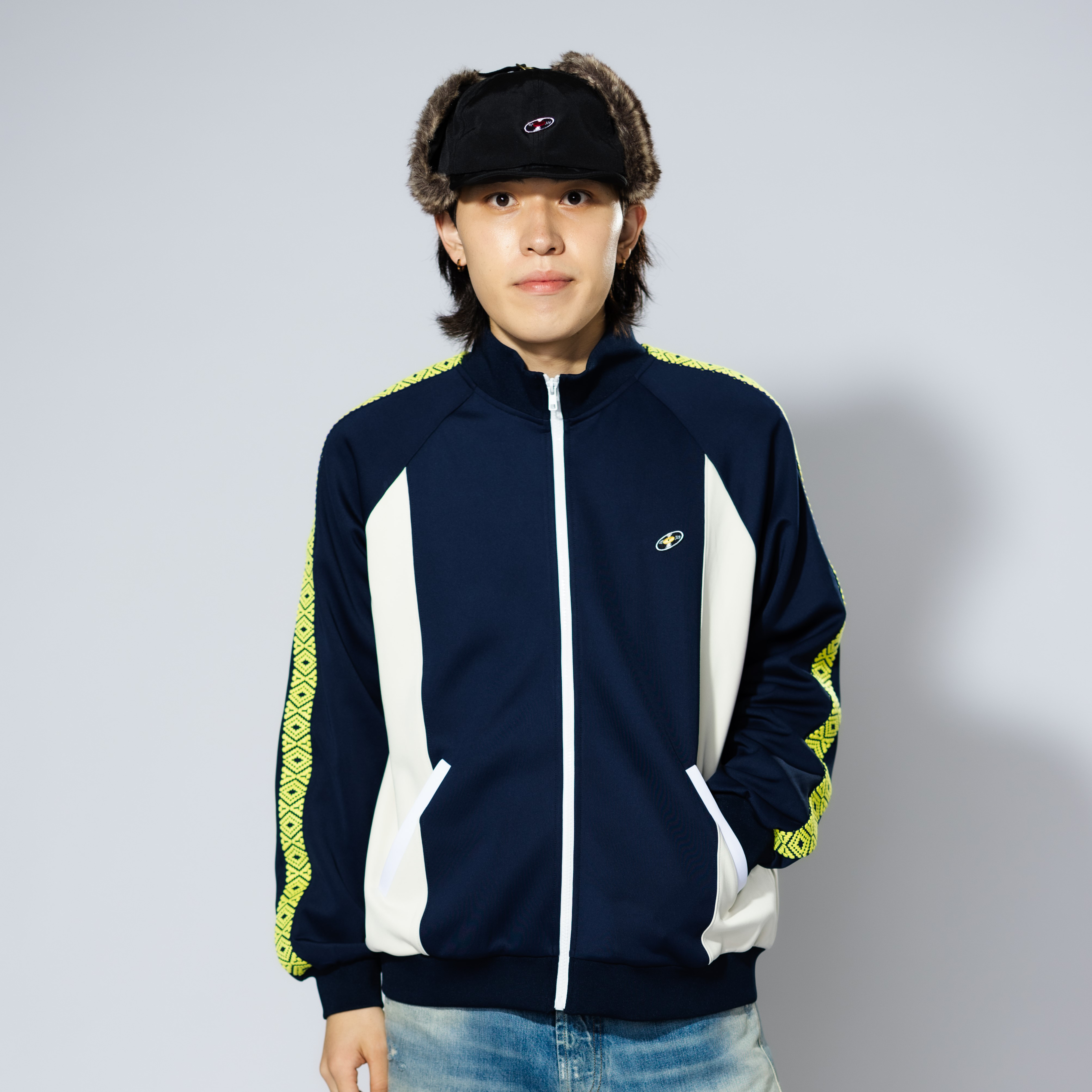 ジャージトップス（レコードワッペン、アシッドテープ、メンズ）　ネイビー　Ｌ　WATERFALLオリジナル　2024AW