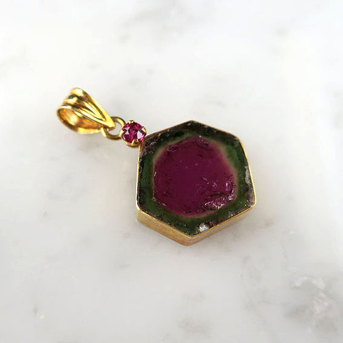 K18 天然トルマリンネックレス　ウォーターメロントルマリン　K18金具刻印 K18】ウォーターメロン トルマリン 原石 ペンダント｜ 天然石