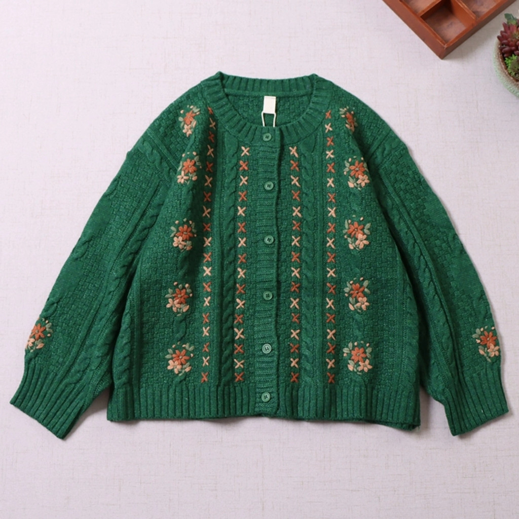 コウタグシケン　カーディガン 花柄刺繍 FREAK'S STORE/フラワー 刺繍 クルーネック ニット カーディガン