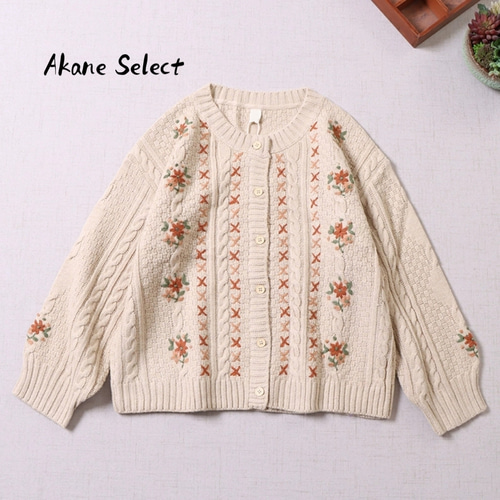 秋新作☆ニットカーディガン☆花のジャガード織】かわいい刺繡│肌寒い
