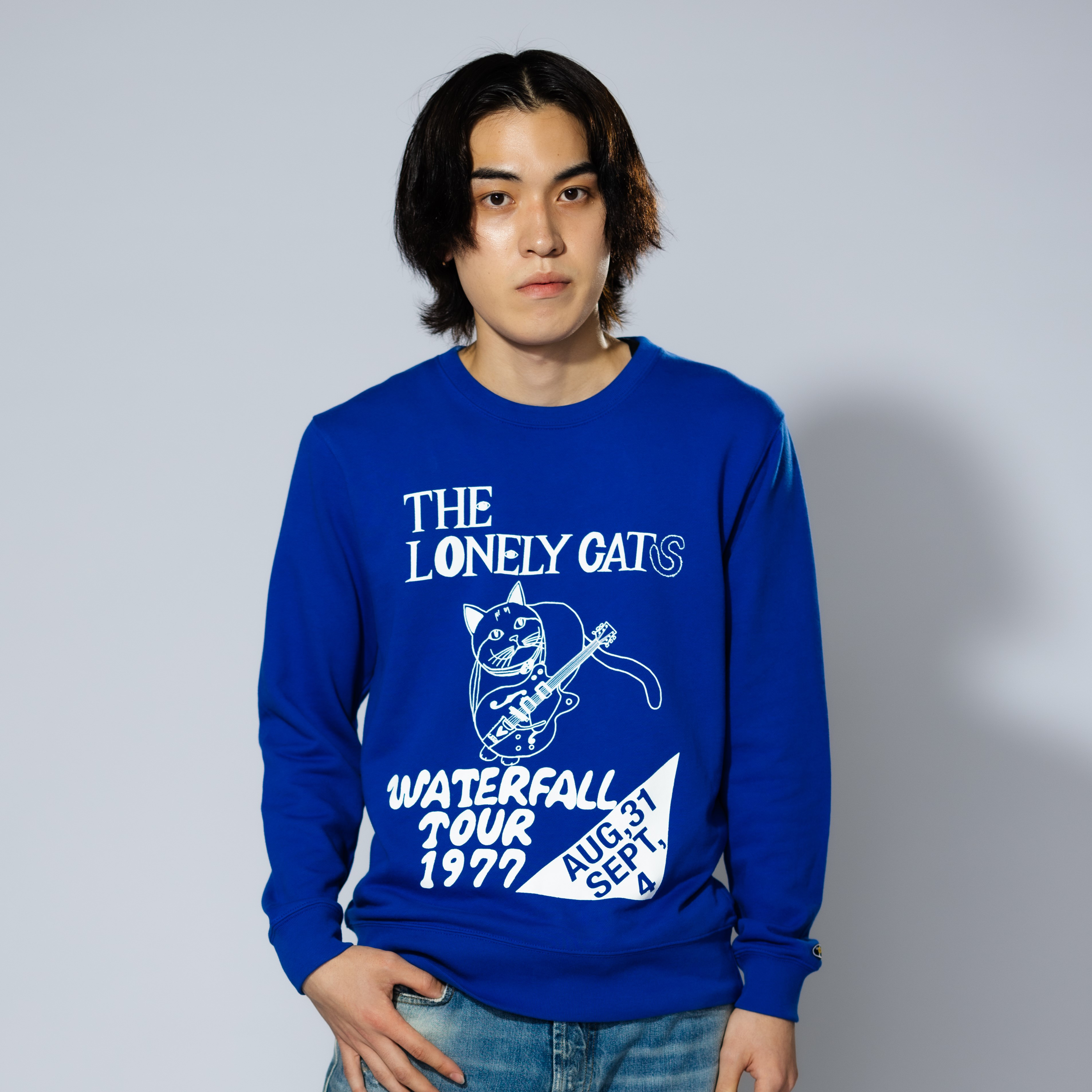 「猫バンド」レコードワッペン猫ツアースウェット  ブルー　Mサイズ　WATERFALL　2024AW　新作
