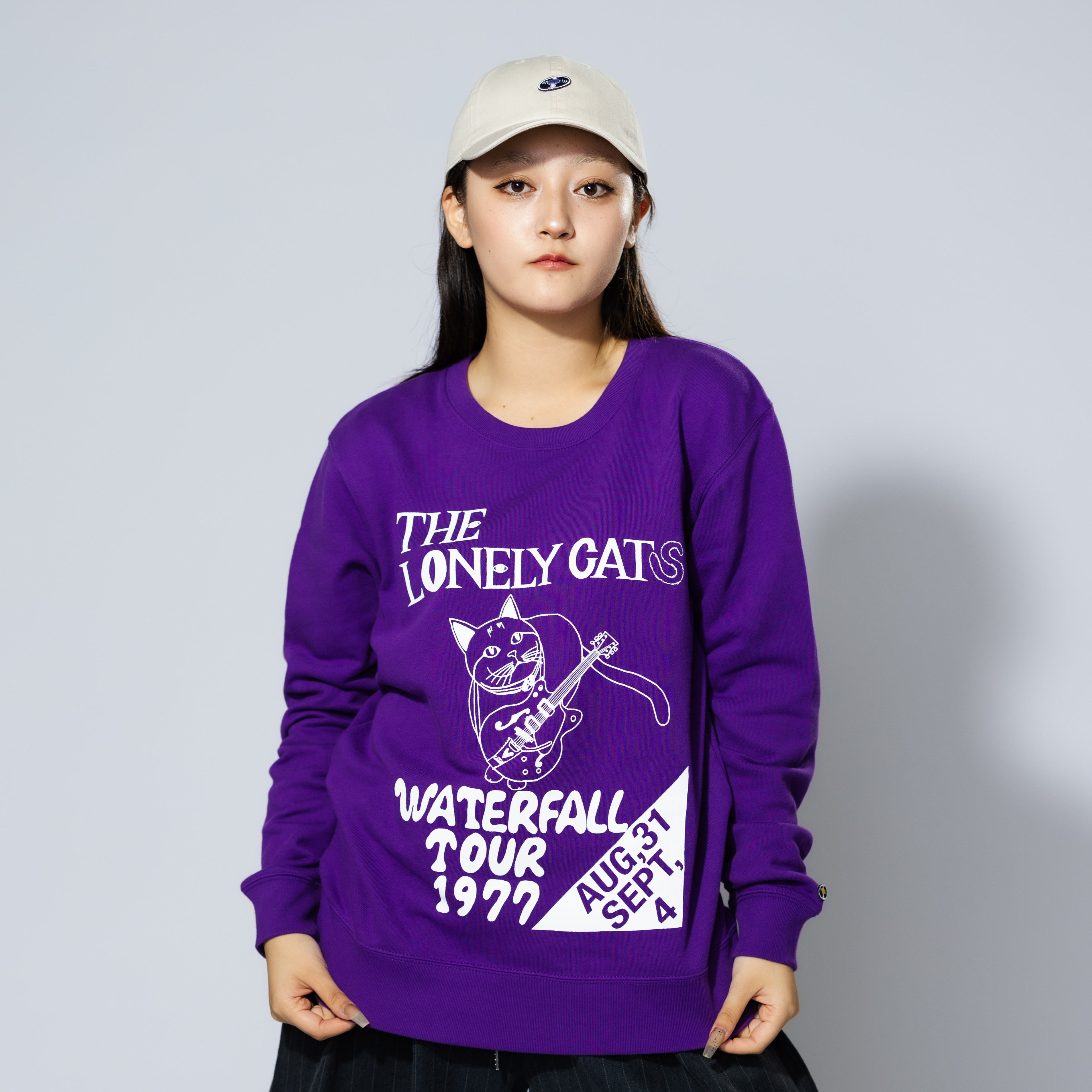 「猫バンド」レコードワッペン猫ツアースウェット  パープル　Mサイズ　WATERFALL　2024AW　新作