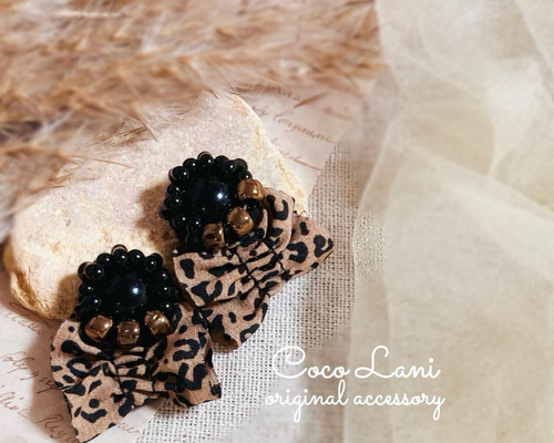 再販　レオパード　タッセル　リボン　ヒョウ柄　ブラウン　ピアス　イヤリング 1_42483580842b3973157501577544