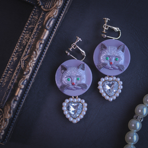 Twins 」イヤリング/ピアス【clear heart】*チェコガラスボタン.猫 