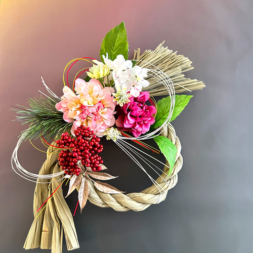 2026年新作早割り＊桃色ダリアで祝うのお正月しめ縄しめ飾り＊無料