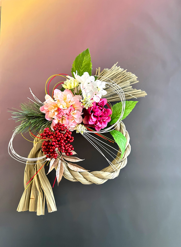 SALE♡紅白ダリアのしめ縄リース♡お正月飾り♡2025年