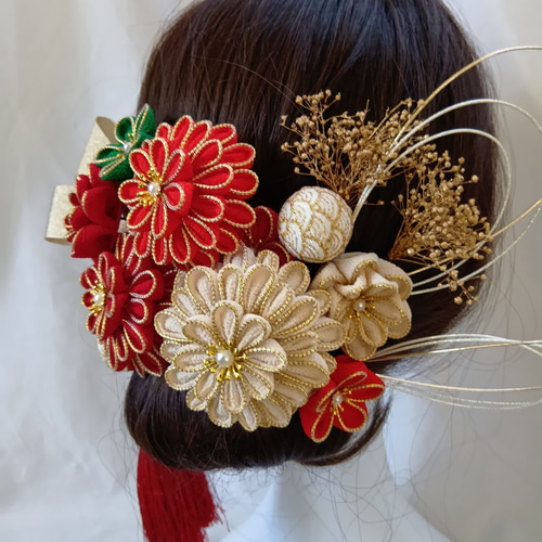 成人式 髪飾り 振袖 つまみ細工 赤 12点セット「フラワーポット 赤 No