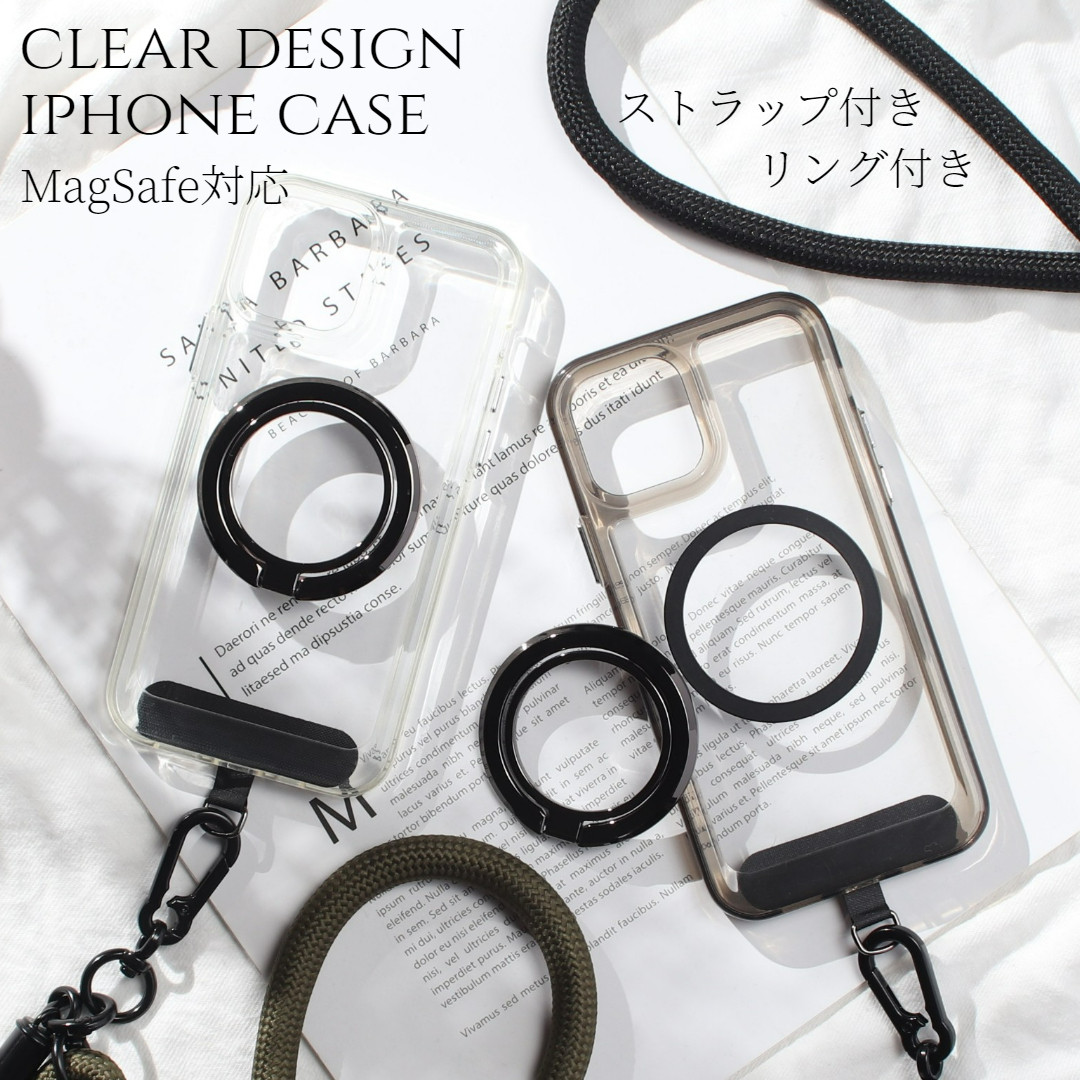 iPhone16 ケース クリア 16Plus 16Pro 16ProMAX マグセーフ対応 リング付き ストラップ