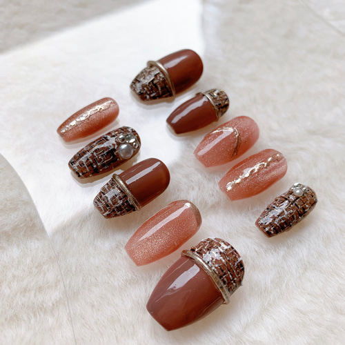 ブラウン ツイードネイル ＊ ネイルチップ ネイルチップ（つけ爪