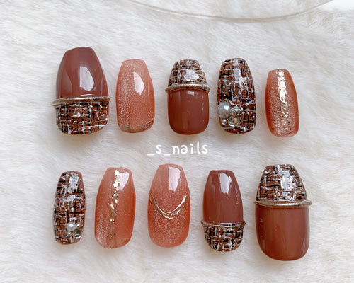 ブラウン ツイードネイル ＊ ネイルチップ ネイルチップ（つけ爪