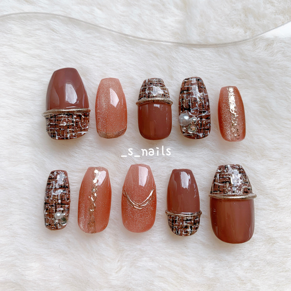 ブラウン ツイードネイル ＊ ネイルチップ ネイルチップ（つけ爪