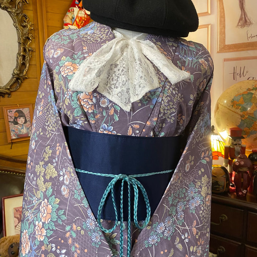 展示品 ◇着物リメイク◇ ドッキングワンピース 紺色 ピンク系
