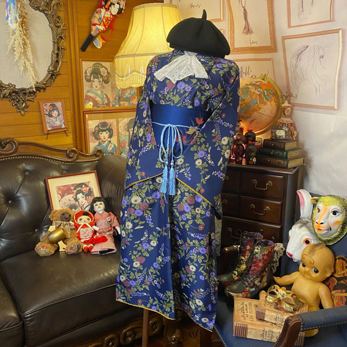 リメイク 着物ワンピース 化繊 洗える 名古屋帯サッシュベルト