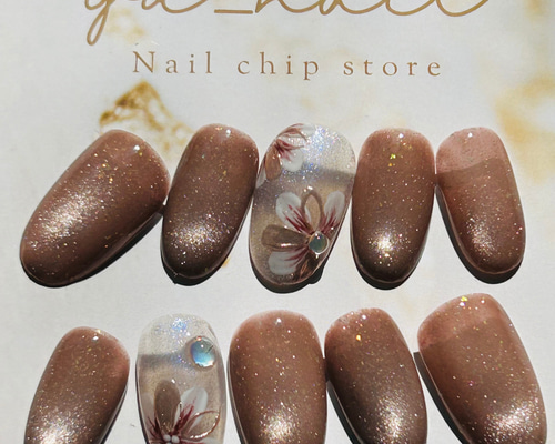 秋色マグネットネイル 和装にも お花 ミラー オーダーチップ ネイル