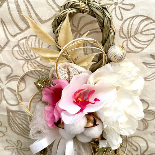 ◤576»2025*早割りお正月しめ縄飾り*ホワイトカラー*ゴールドラメ入り