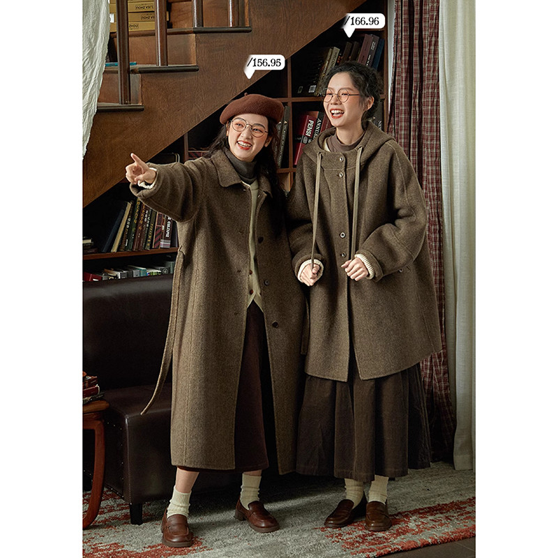 100%ウールツイード生地コート　地厚ウールコート　フード付き　グレーとコーヒー2色　S-Mサイズ　S304