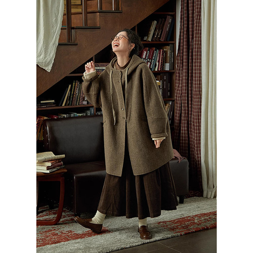 100%ウールツイード生地コート 地厚ウールコート フード付き グレーと