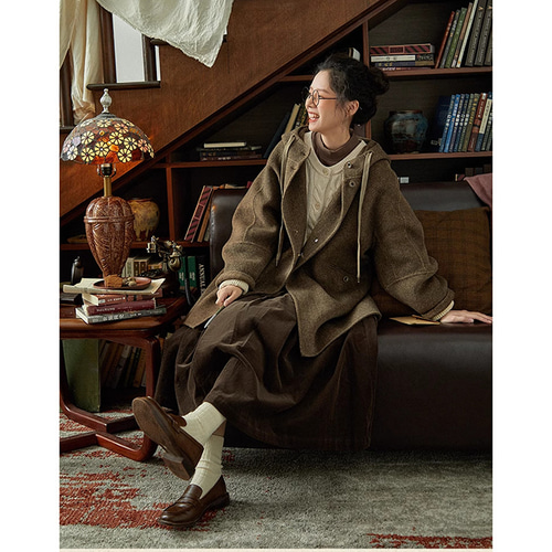  HEM ツイードウールコート 100%ウールツイード生地コート 地厚ウールコート フード付き グレーと