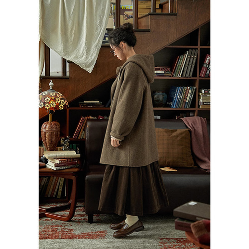 100%ウールツイード生地コート 地厚ウールコート フード付き グレーと