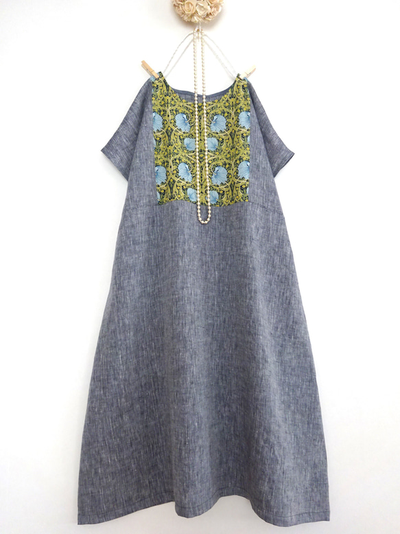 ウィリアムモリス「ピンパーネル」×リネン100％ Aラインワンピース◇麻  