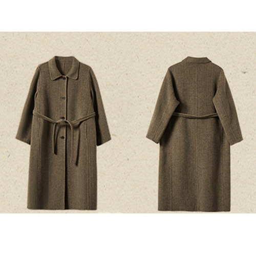 100%ウールツイード生地ロングコート 地厚ウールコート コーヒー S-M