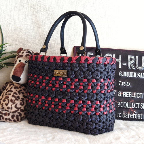 クラフトバンド＊かごバッグL/花結び✤モダンカラー かごバッグ