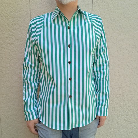 高密度先染めストライプシャツ（グリーン）