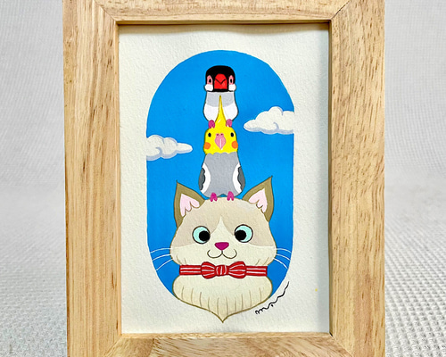 原画「猫の頭に小鳥ブレーメン」ふしぎなねこのアート絵画☆猫と