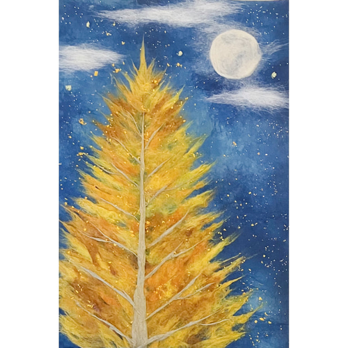 和紙ちぎり絵『満月とイチョウの木』葉書サイズ原画 切り絵 彩紘 和紙ちぎり絵『満月とイチョウの木』葉書サイズ原画 切り絵 彩紘
