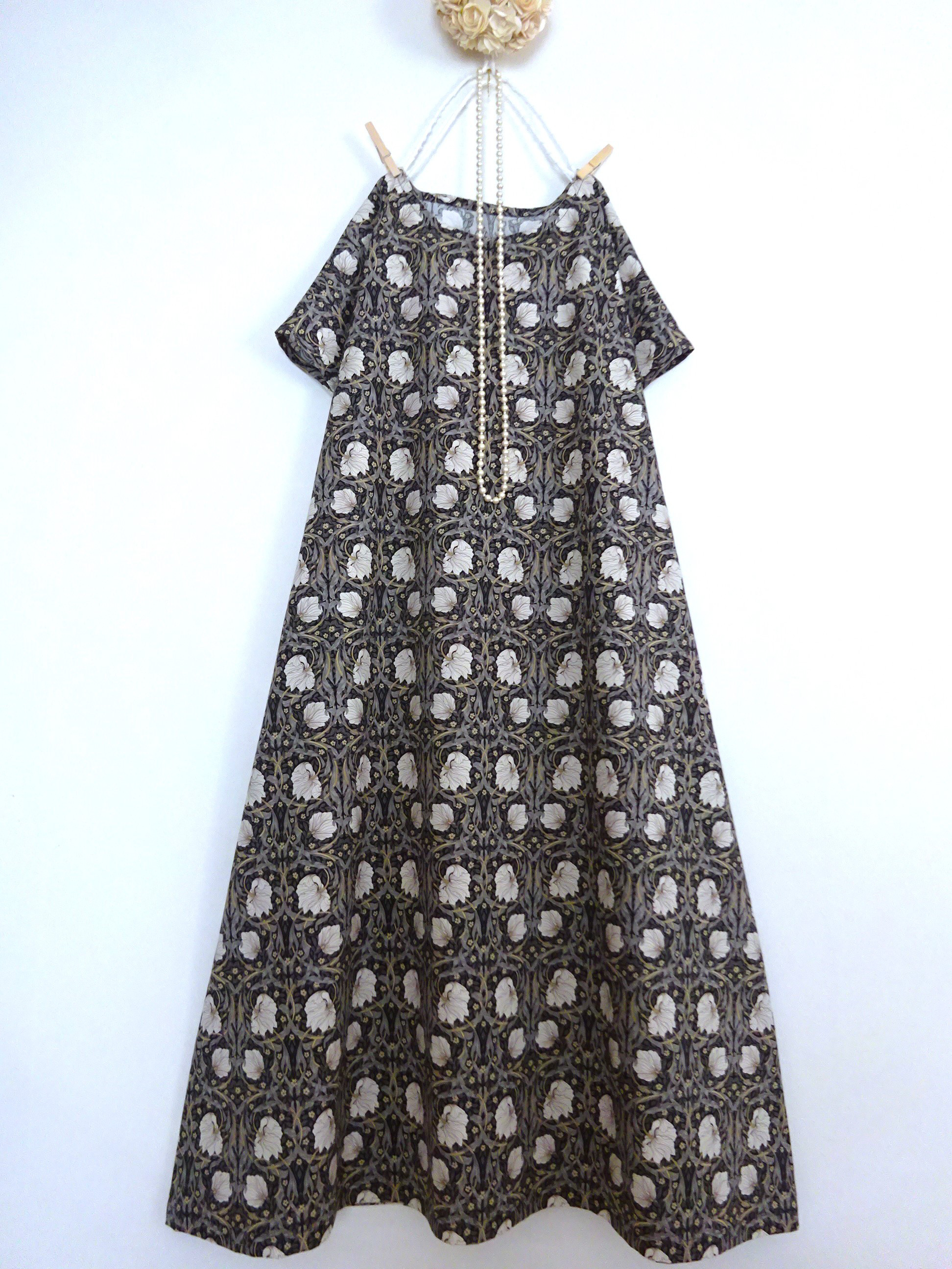 ウィリアムモリス「ピンパネル」選べる8色 Aラインワンピース◆コットン 綿 花柄 ピンパーネル 半袖 (長袖/七分袖)