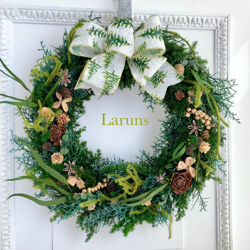 森のリース モミの木リボンと木の実の特大クリスマスリース40㎝直径 冬