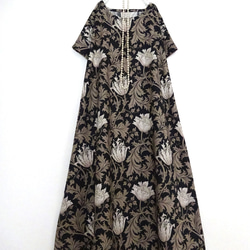 ウィリアムモリス生地、ブルーアネモネ柄七分袖ワンピース、ハンドメイド ウィリアムモリス生地、ブルーアネモネ柄七分袖ワンピース、ハンドメイド