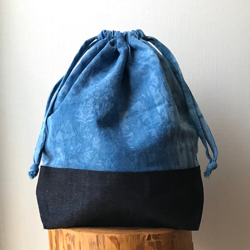 送料無料 藍染め 巾着袋 晒(さらし)×岡山デニム 巾着バッグ ももてん