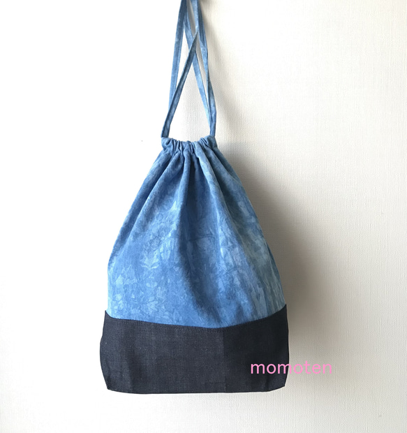 送料無料 藍染め 巾着袋 晒(さらし)×岡山デニム 巾着バッグ ももてん
