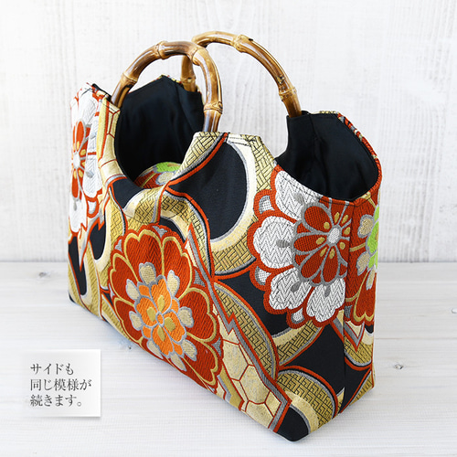 着物リメイク バッグ【バンブーハンドル帯バッグ （特大）黒地に波鱗と