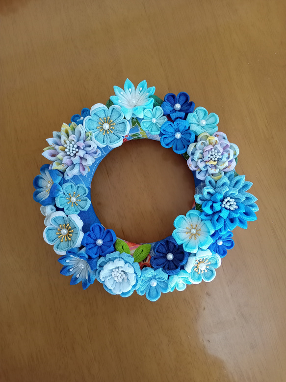 専用☆つまみ細工フラワーリース フラワーリース 青 つまみ細工 リース Flower 通販 18372294