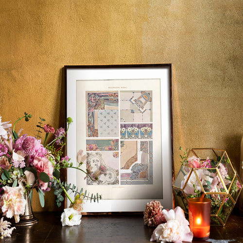 アールヌーボー装飾アートポスター☆花柄幾何学模様上品エレガント