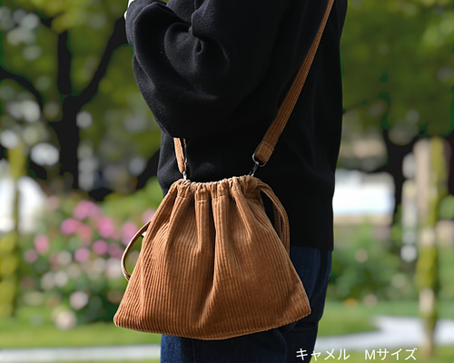 コーデュロイの巾着ポシェット☆サコッシュ☆キャメル Mサイズ