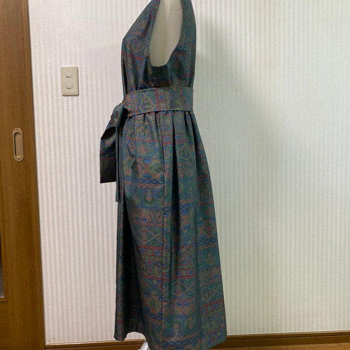 着物リメイク 紬ノースリーブ ロングワンピース ウエストリボン付き